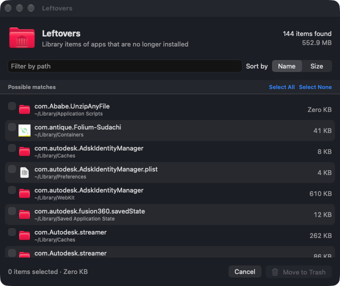 The Find Leftovers window listing 144 caches, containers and preference files from apps that are no longer installed, none of them ticked.
