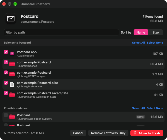 Sweep's review window for an app called Postcard. Postcard.app and four files matched by bundle ID are ticked; two folders matched only by name are listed under Possible matches, unticked.
