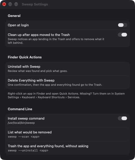 Sweep's Settings window with switches for Open at login, cleaning up after apps moved to the Trash, and installing the sweep command.